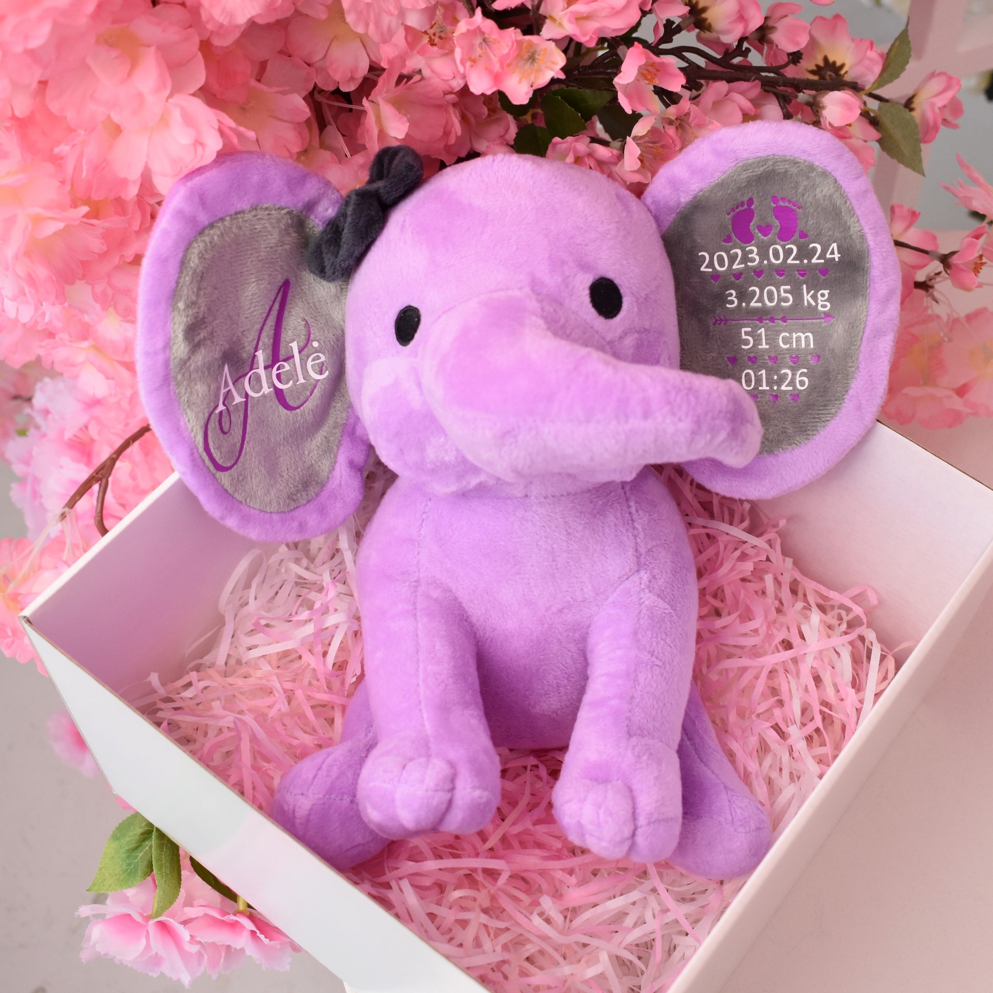 giftella personalizuotos dovanos vaikams ir kudikiams drambliukas violetinis