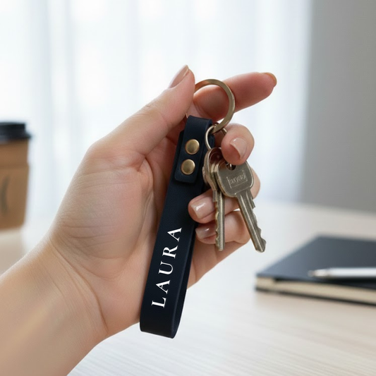 Rankoje laikomas juodas odinis rakto pakabukas su metaliniu žiedu ir raktų ryšuliu – minimalistinis aksesuaras el. parduotuvei
