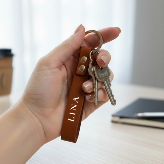 Rankoje laikomas juodas odinis rakto pakabukas su metaliniu žiedu ir raktų ryšuliu – minimalistinis aksesuaras el. parduotuvei