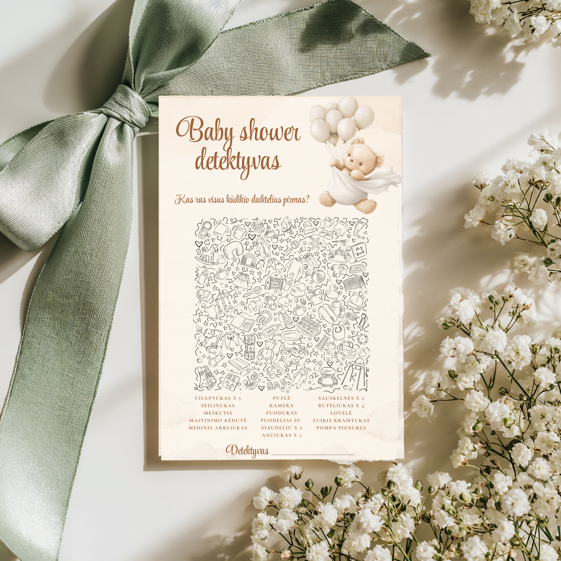 Baby Shower žaidimai, kūdikio sutiktuvių žaidimai, detektyvo žaidimas, pramogos svečiams, Baby Shower atributika, krikštynų žaidimai, dovanos būsimai mamai