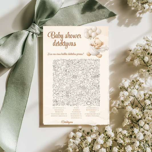 Baby Shower žaidimai, kūdikio sutiktuvių žaidimai, detektyvo žaidimas, pramogos svečiams, Baby Shower atributika, krikštynų žaidimai, dovanos būsimai mamai