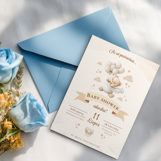 Baby Shower pakvietimai, kūdikio sutiktuvių kvietimas, skaitmeninis pakvietimas, kvietimas su voku, šventinė atributika, staigmena būsimai mamai, Baby Shower atributika