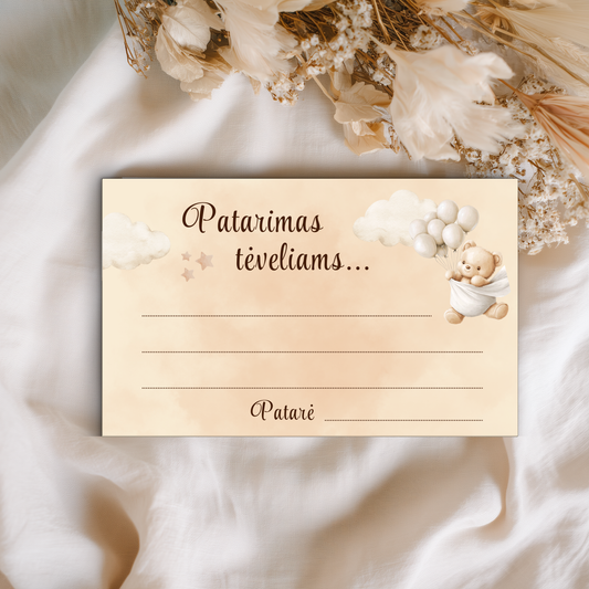 Patarimai tėveliams, Baby Shower žaidimai, kūdikio sutiktuvių atributika, dovana tėvams, tėvystės patarimai, šventinė spauda, prisiminimų kortelės