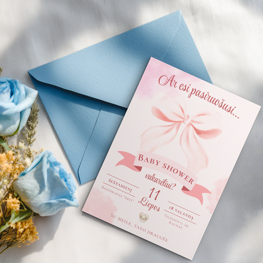 Baby Shower pakvietimai, kūdikio sutiktuvių kvietimas, skaitmeninis pakvietimas, kvietimas su voku, šventinė atributika, staigmena būsimai mamai, Baby Shower atributika