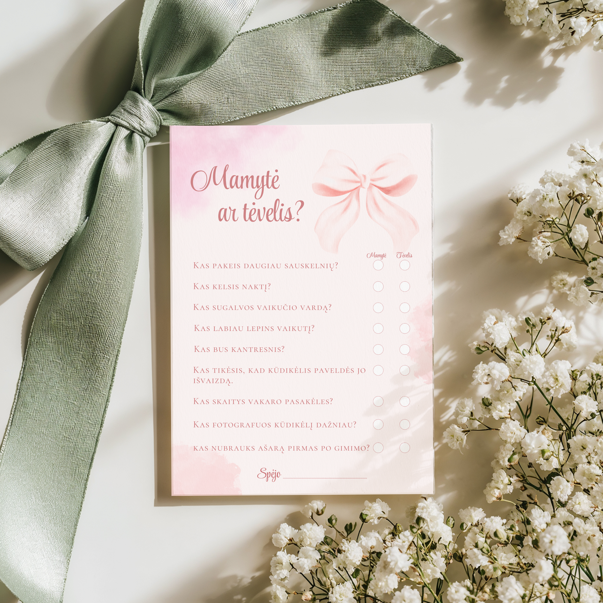 Baby Shower žaidimai, Mamytė ar Tėvelis žaidimas, kūdikio sutiktuvių atributika, pramogos svečiams, originalios dovanos būsimai mamai, šventinės kortelės.