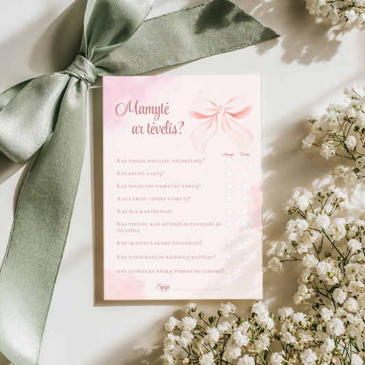 Baby Shower žaidimai, Mamytė ar Tėvelis žaidimas, kūdikio sutiktuvių atributika, pramogos svečiams, originalios dovanos būsimai mamai, šventinės kortelės.