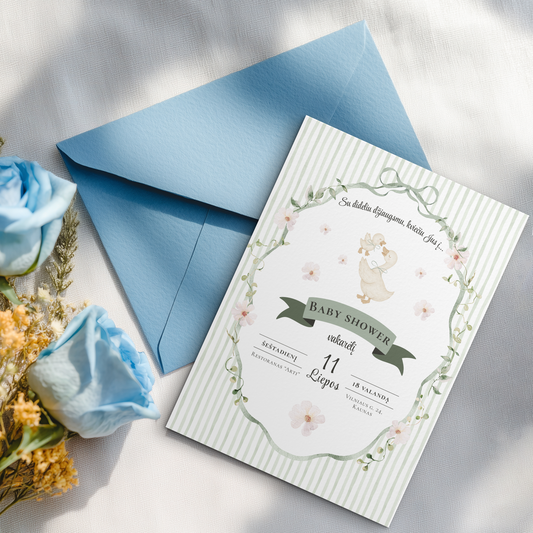 Baby Shower pakvietimai, kūdikio sutiktuvių kvietimas, skaitmeninis pakvietimas, kvietimas su voku, šventinė atributika, staigmena būsimai mamai, Baby Shower atributika