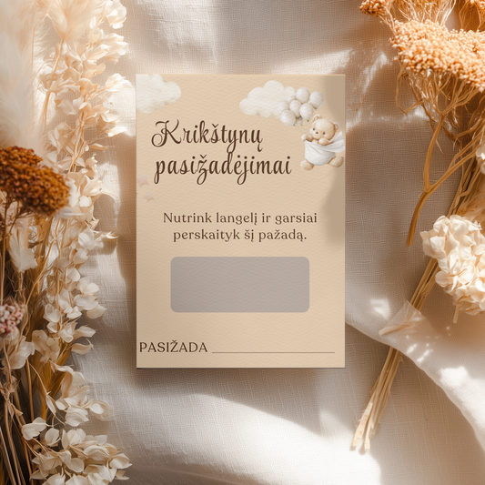 Krikštynų žaidimai, krikštynų pasižadėjimai, nutrinami lipdukai, krikštynų atributika, pramogos svečiams, personalizuotos kortelės, krikštynų tradicijos, krikšto tėvų pažadai.