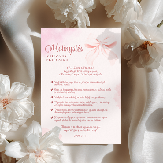 Motinystės kelionės priesaika | Rožinis kaspinėlis Baby shower žaidimai