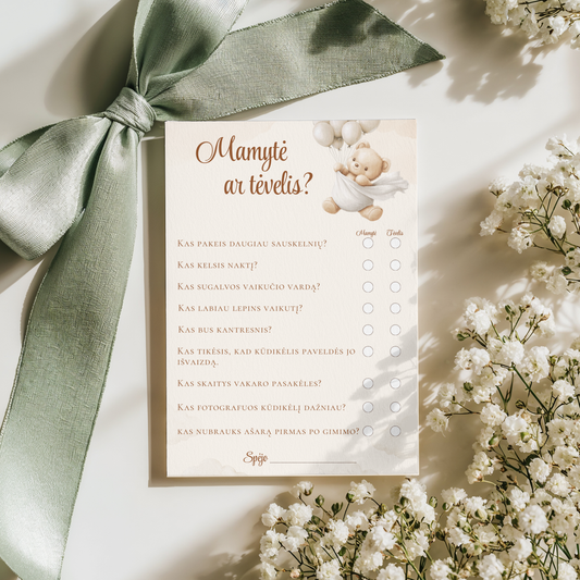 Baby Shower žaidimai, Mamytė ar Tėvelis žaidimas, kūdikio sutiktuvių atributika, pramogos svečiams, originalios dovanos būsimai mamai, šventinės kortelės.
