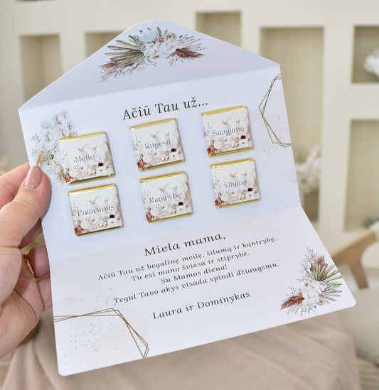 Atvirutė su šokoladukais| Minimalistinė su gėlėmis