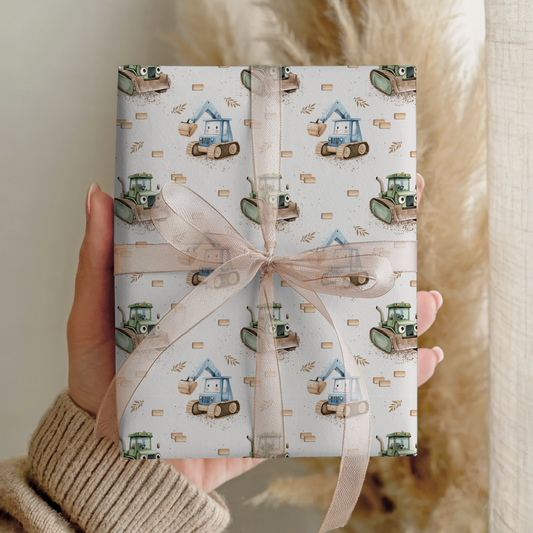 Minimalistinis vyniojamas popierius su traktoriais, matinis, 50x70 cm, dovanų pakavimui vaikams