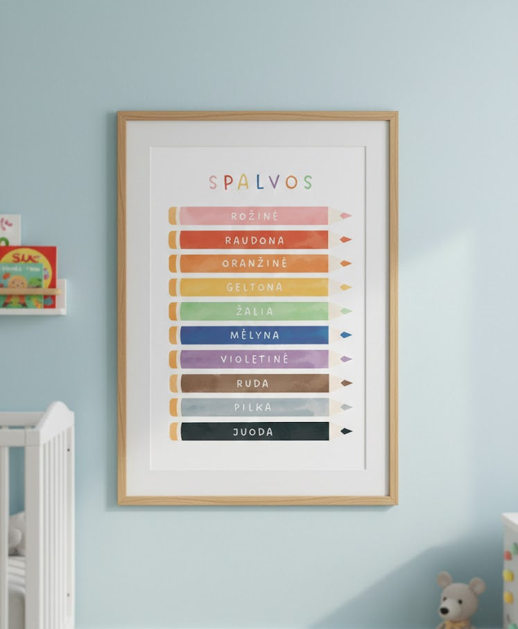 ietuviškas edukacinis plakatas vaikams Spalvos ant vaiko kambario sienos